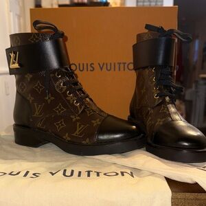 Louis Vuitton Monogram Black and Brown Monogram Wonderland Flat Ranger Boots